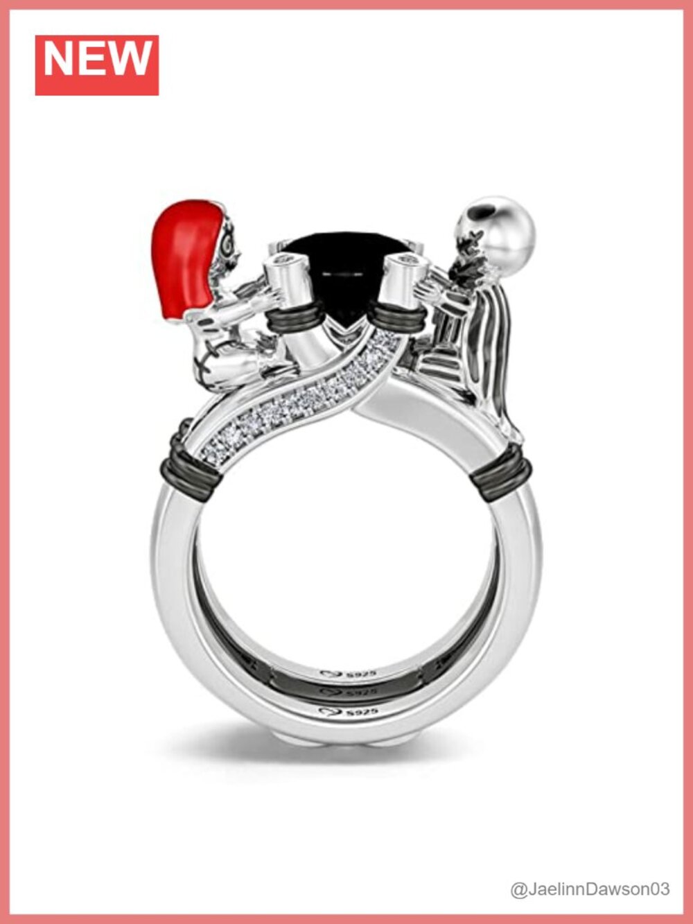 Sterling Silver Skull Couple Ring Hug Me Round Cut Halo Engagement Wedding